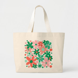 Funky flowers in green, peach & coral large tote bag