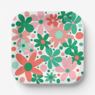 Funky flowers in green, peach & coral paper plate