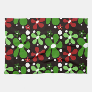 Funky flowers in red & green Christmas Tea Towel