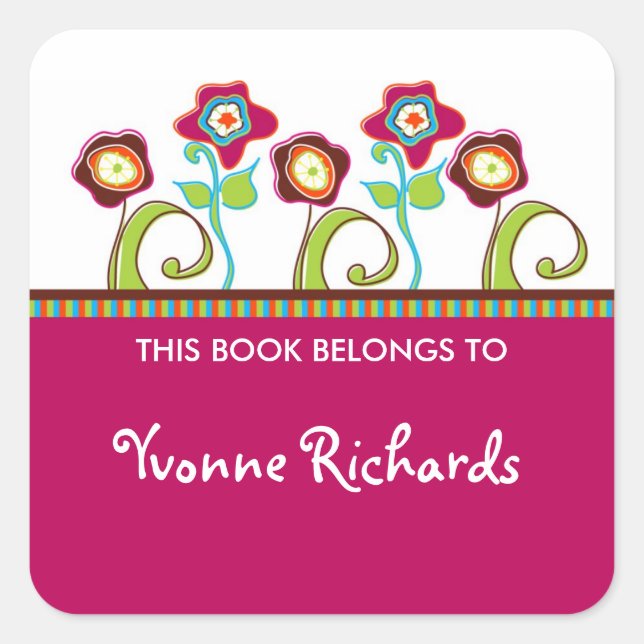 Funky Flowers Square Book Labels (Front)