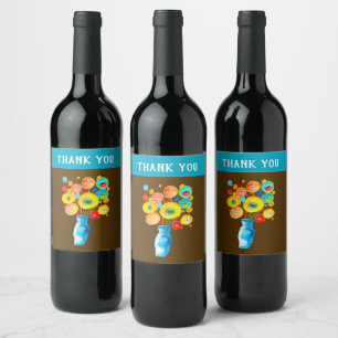 Funky flowers watercolor art wine label