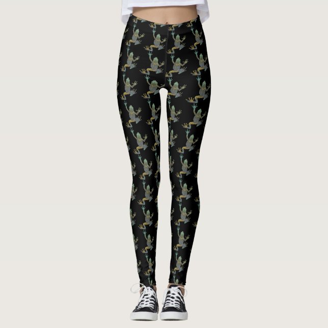 Funky Fractal Climbing Tree Frog Pattern  Leggings (Front)