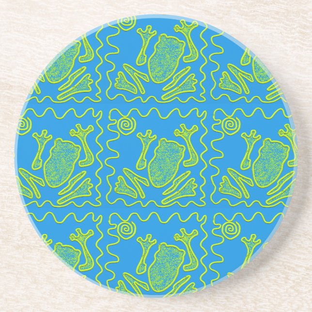 Funky Frog Blue Green Toad Kids Doodle Art Coaster (Front)