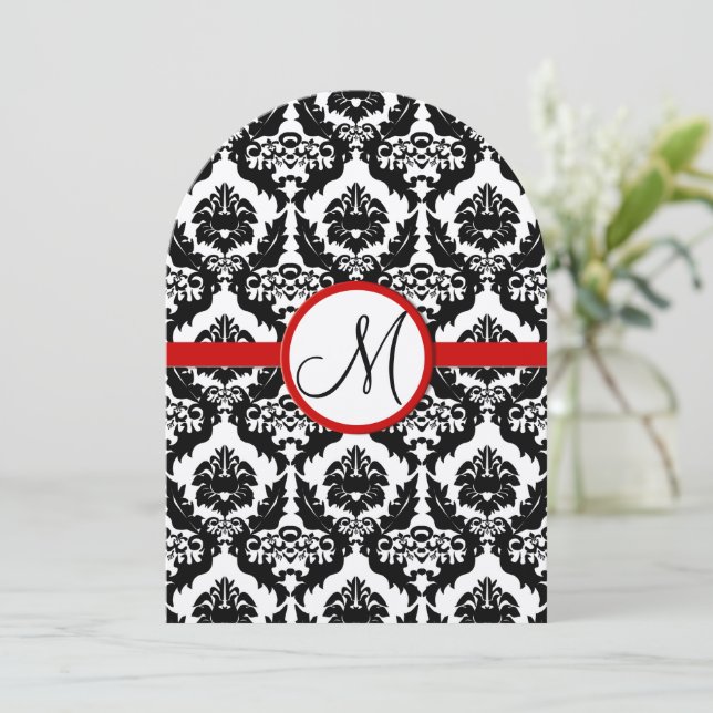 Funky & Fun Black Damask Red Trim Wedding Invites (Standing Front)