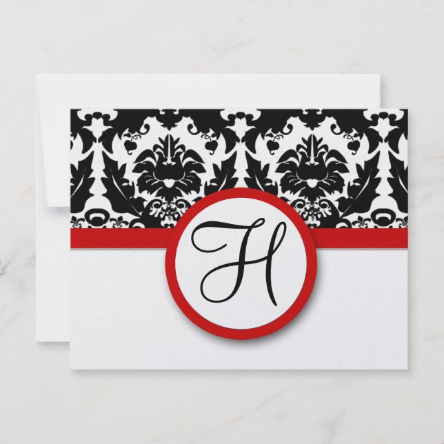 Funky & Fun Black Damask Red Trim Wedding RSVP Card (Front)