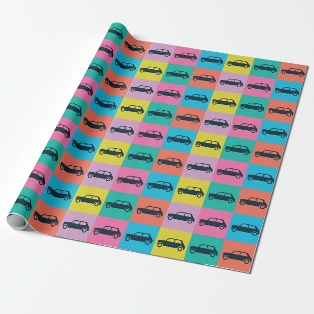 Funky Fun Checkerboard Mini Cooper Wrapping Paper (Unrolled)