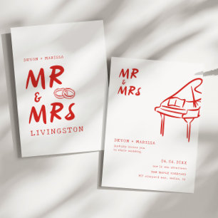 Funky Fun Retro Red Mr & Mrs Illustrated Wedding Invitation