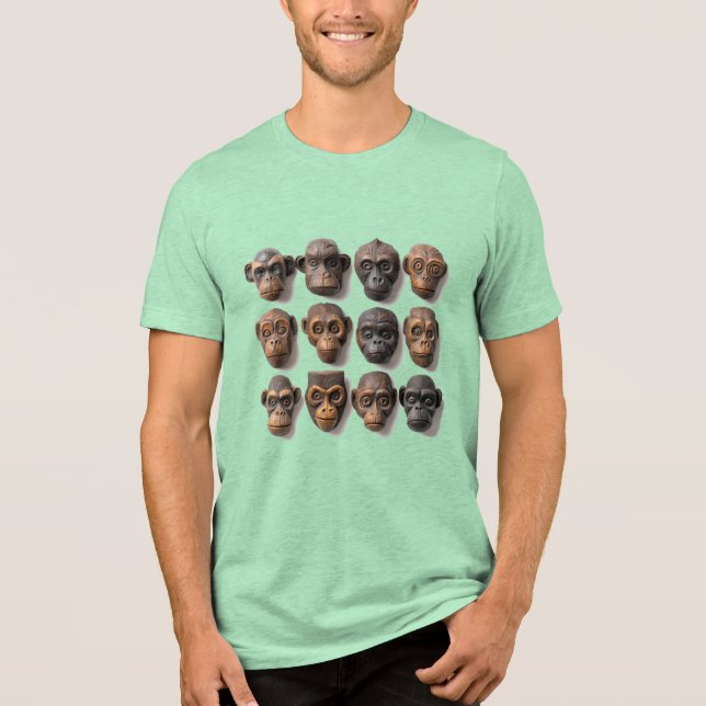 Funky Funky Ape Wooden Monkey Gorills Face Heads Tri-Blend Shirt (Front)