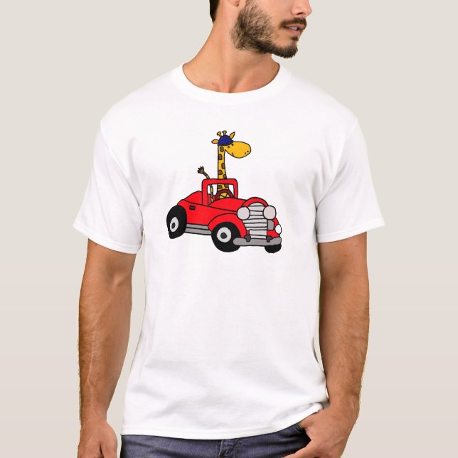 Funky Giraffe Driving Red Convertible T-Shirt (Front)