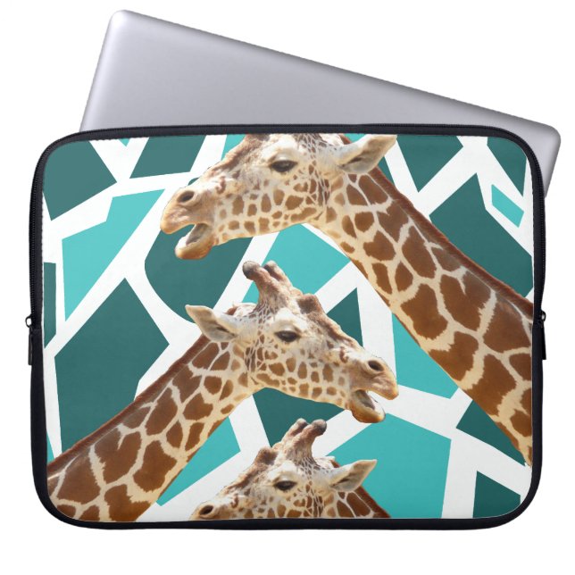 Funky Giraffe Print Teal Blue Wild Animal Pattern Laptop Sleeve (Front)