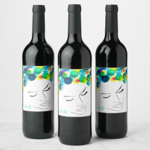 Funky girl cool hair watercolor wine label