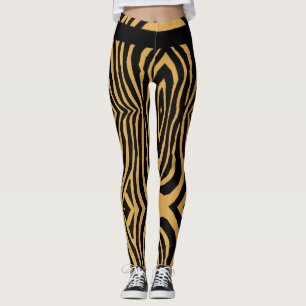 FUNKY GOLD & BLACK ANIMAL PRINT STRIPE PATTERN LEGGINGS