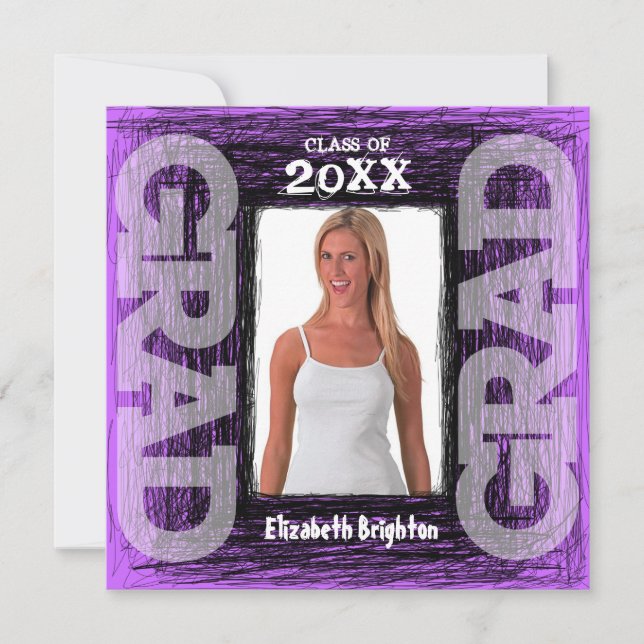 Funky Graduation Invitation Purple Scratch Square (Front)
