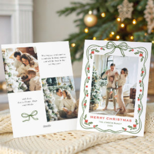 Funky Green Christmas Bow Ribbon 3 Photo Holiday Card
