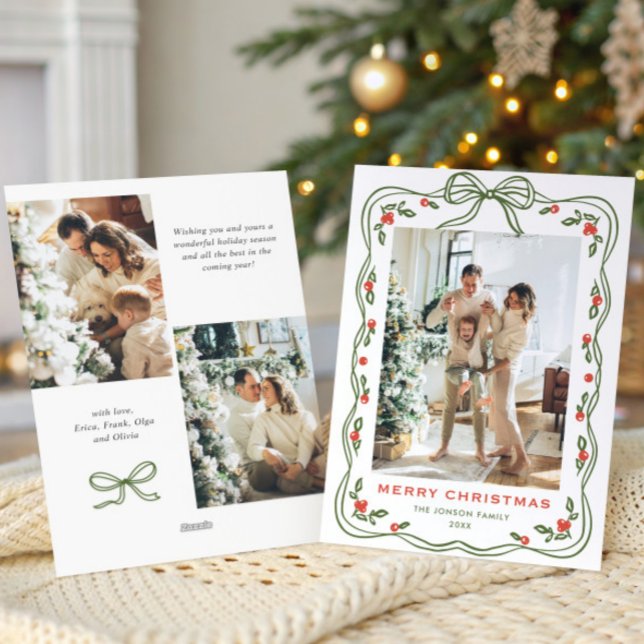Funky Green Christmas Bow Ribbon 3 Photo Holiday Card (Creator Uploaded)