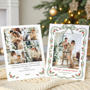Funky Green Christmas Bow Ribbon 5 Photo Holiday Card