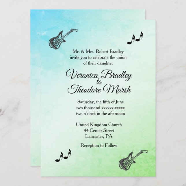 Funky Green Guitar Theme Wedding Invitation   (Front/Back)