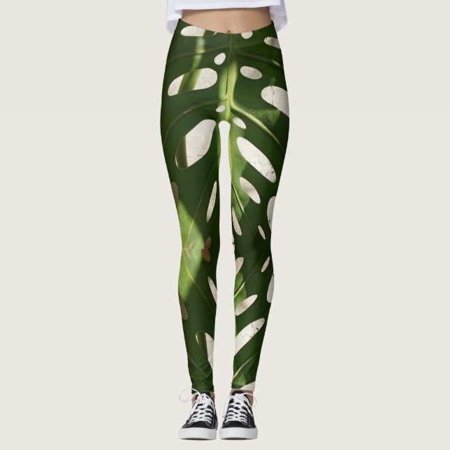 Funky Green Leaf Plant Print Leggings (Front)