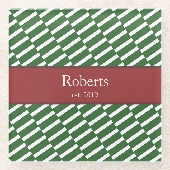 Funky Green Pattern Family Name and Year Modern Glass Coaster (Front)