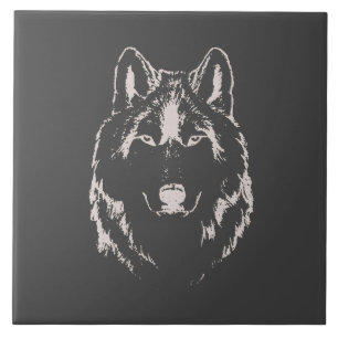 Funky Grey And White Wolf Face Head Sketch Ceramic Tile