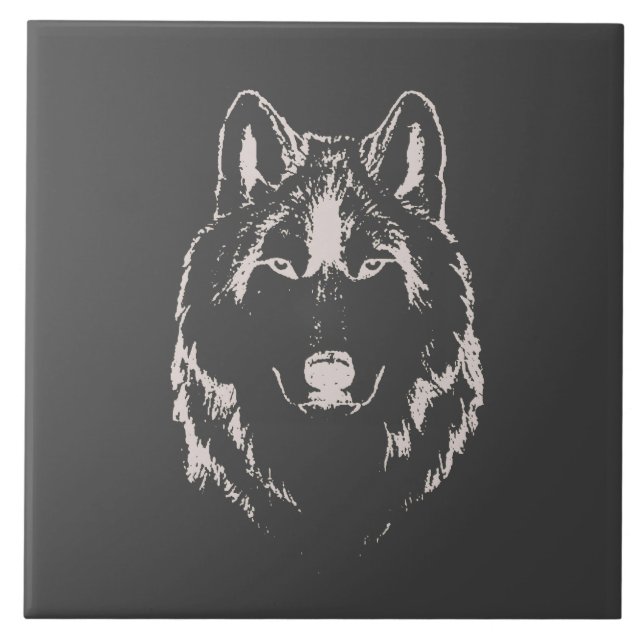 Funky Grey And White Wolf Face Head Sketch Ceramic Tile (Front)