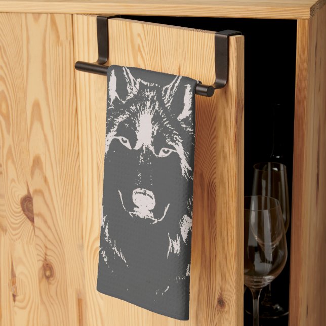 Funky Grey And White Wolf Face Head Tea Towel (Thirds Fold)