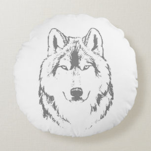 Funky Grey Wolf Face Head Sketch Round Cushion