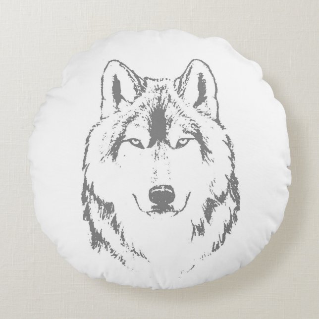 Funky Grey Wolf Face Head Sketch Round Cushion (Front)