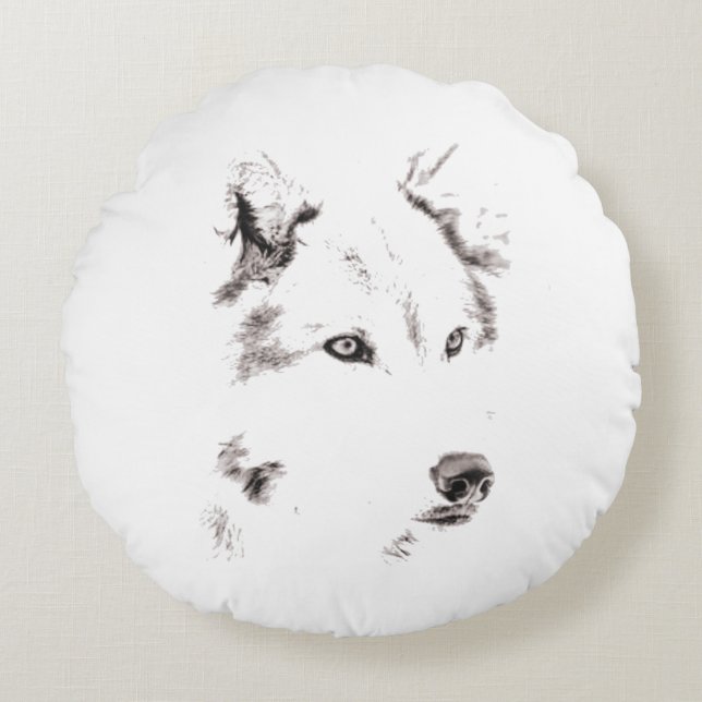 Funky Grey Wolf Face Head Sketch Round Cushion (Front)