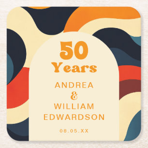 Funky Groovy Retro 50th Wedding Anniversary Square Paper Coaster