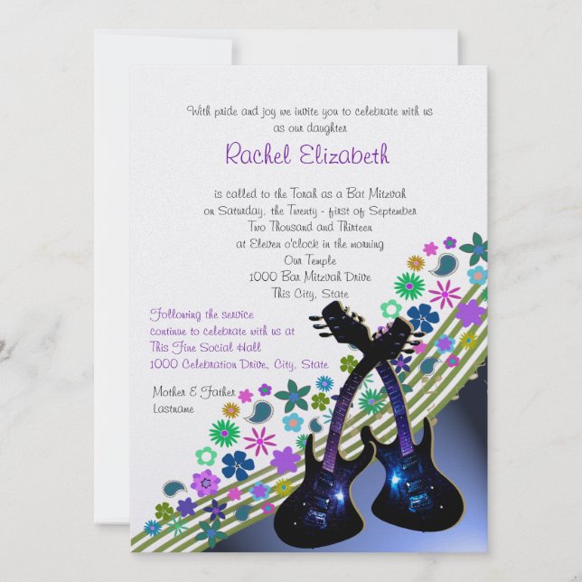 Funky Guitar Music Bat Mitzvah Invitation (Front)