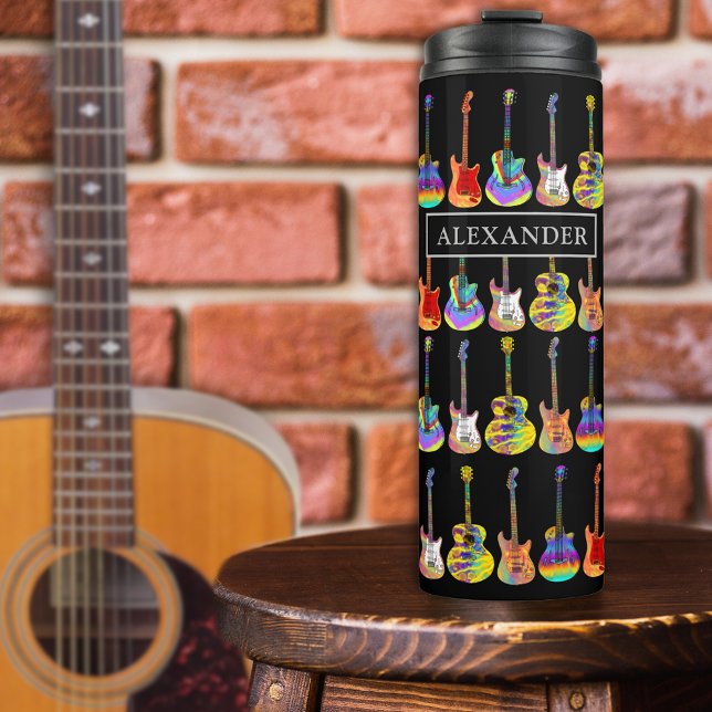 Funky Guitar Pattern add Name Thermal Tumbler (Funky guitar pattern personalized name colorful psychedelic guitars on black)