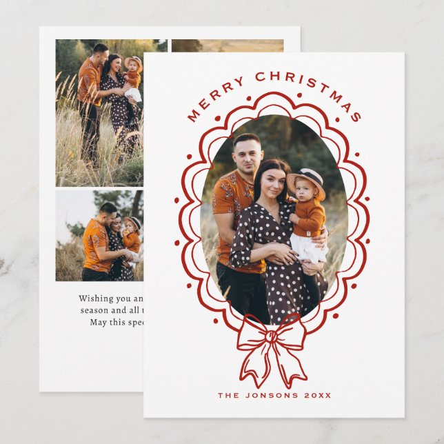 Funky Hand Drawn Christmas Red Bow 5 Photo Holiday Card (Front/Back)