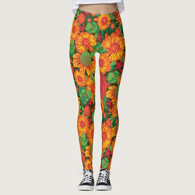 Funky Hand Drawn Flowers Leggings (Front)