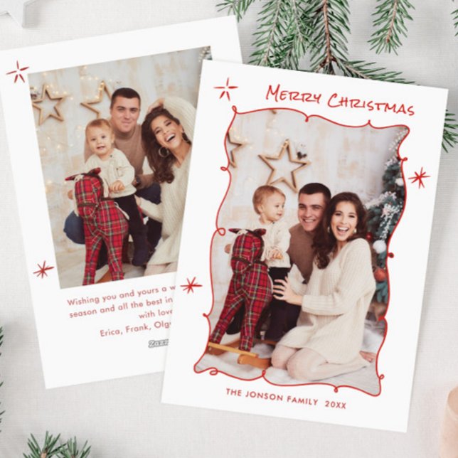 Funky Hand Drawn Scribble Retro Christmas 2 Photo Holiday Card (Creator Uploaded)