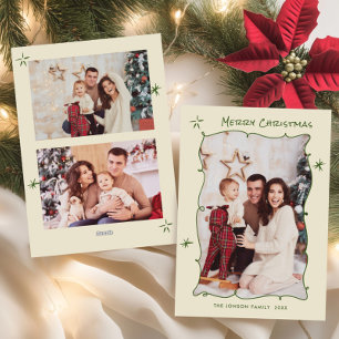 Funky Hand Drawn Scribble Retro Christmas 3 Photo Holiday Card