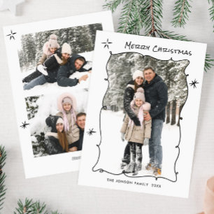 Funky Hand Drawn Scribble Retro Christmas 3 Photo Holiday Card