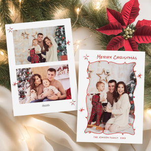 Funky Hand Drawn Scribble Retro Christmas 3 Photo Holiday Card