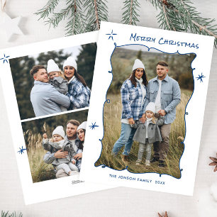 Funky Hand Drawn Scribble Retro Christmas 3 Photo Holiday Card