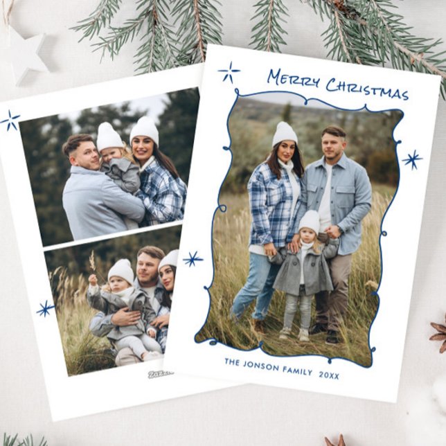 Funky Hand Drawn Scribble Retro Christmas 3 Photo Holiday Card (Creator Uploaded)