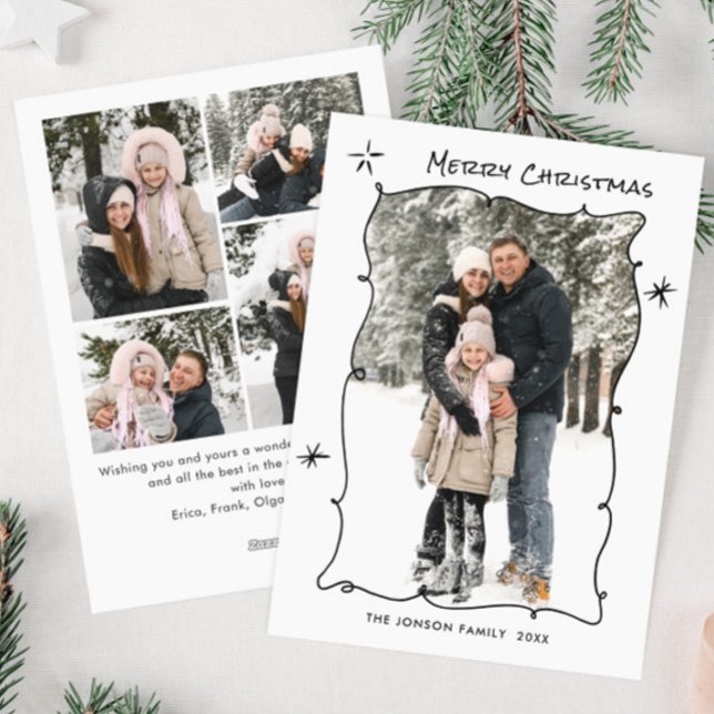 Funky Hand Drawn Scribble Retro Christmas 5 Photo Holiday Card (Creator Uploaded)