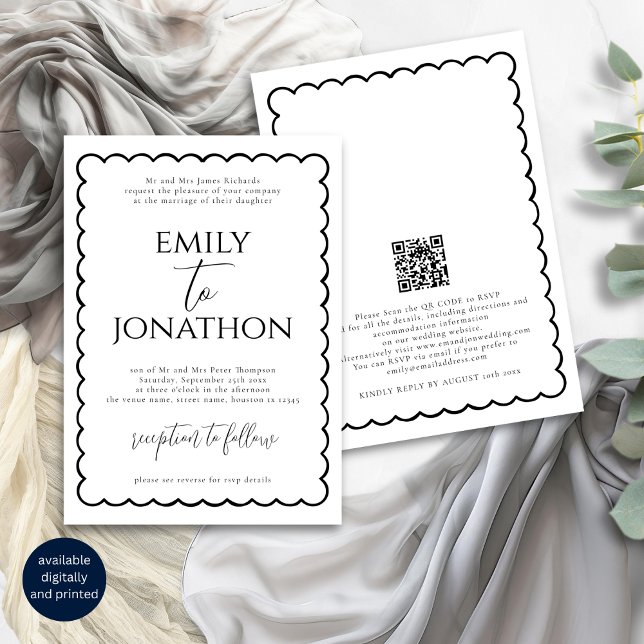 Funky Hand Drawn Wavy Line Border Wedding Invitation (Front and back view)