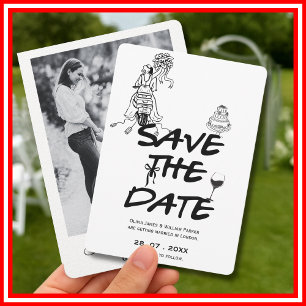 Funky Hand-Drawn Whimsical Black & White Photo Save The Date