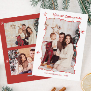 Funky Hand Drawn Whimsical Retro Christmas 3 Photo Holiday Card