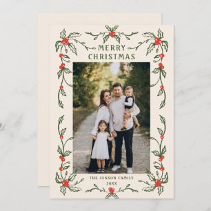 Funky Hand Drawn Whimsical Retro Christmas 3 Photo Holiday Card