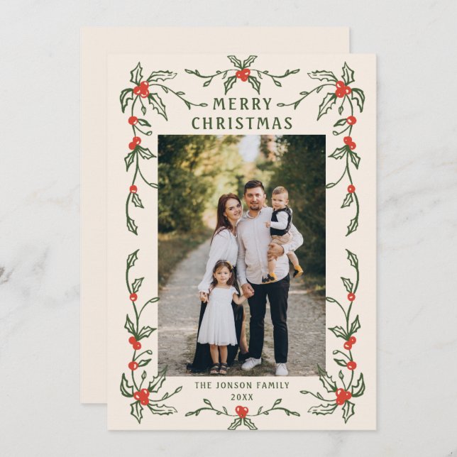 Funky Hand Drawn Whimsical Retro Christmas 3 Photo Holiday Card (Front/Back)