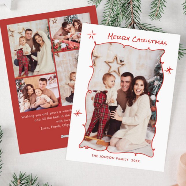 Funky Hand Drawn Whimsical Retro Christmas 5 Photo Holiday Card (Creator Uploaded)