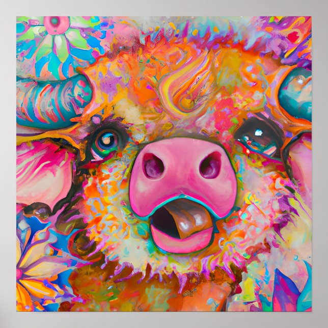 Funky Happy Baby Buffalo Farm Animal Nursery Art Poster (Front)