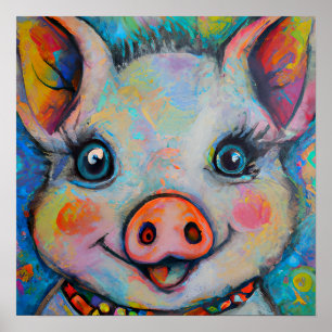 Funky Happy Piglet Farm Animal Portrait Art Poster