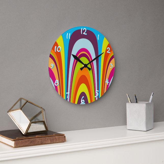 Funky Hip Colourful Retro Modern Wave Art Pattern Large Clock (Office)